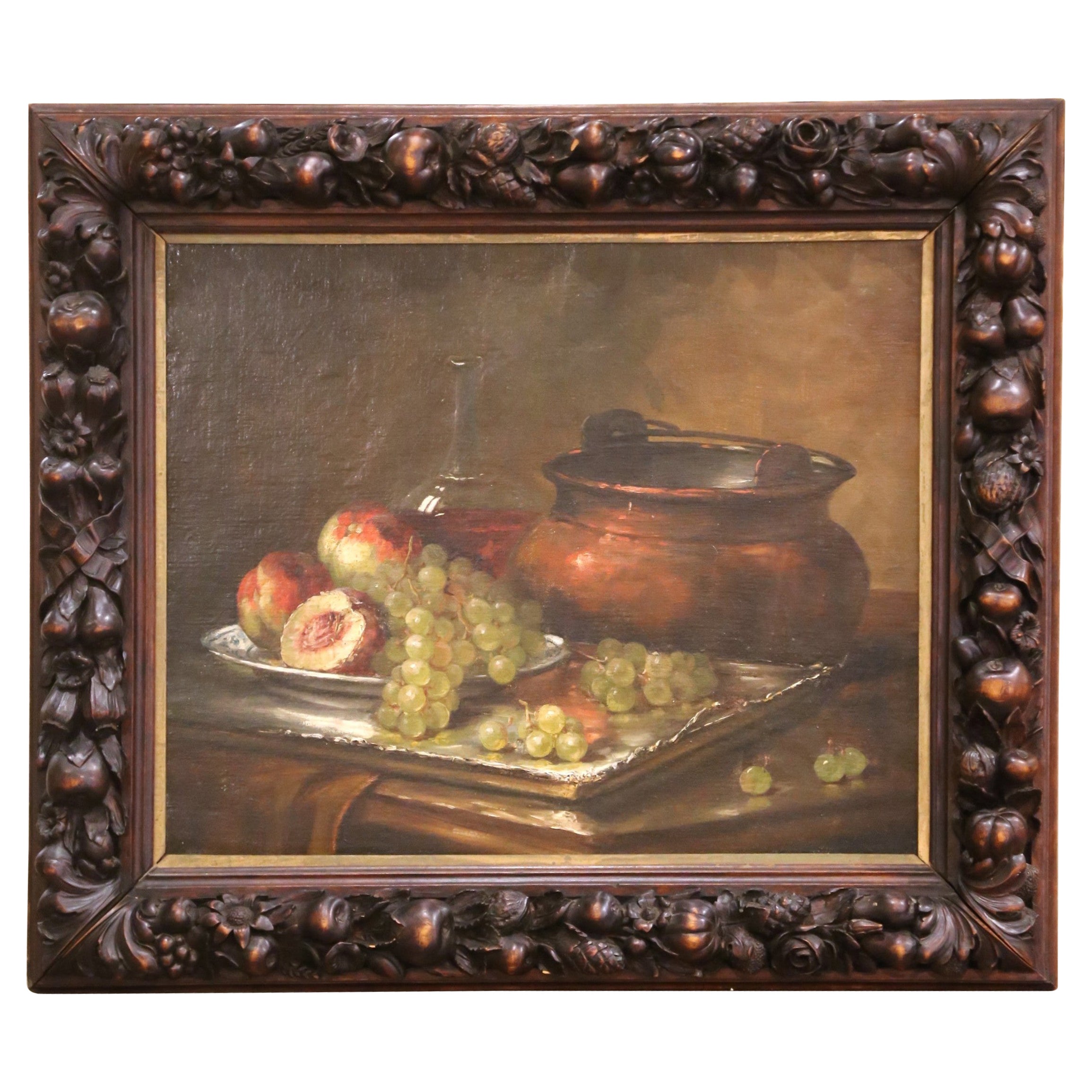 19th Century French Still Life with Fruit and Copper Pot in Carved Walnut Frame For Sale