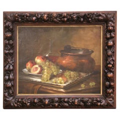 Antique 19th Century French Still Life with Fruit and Copper Pot in Carved Walnut Frame