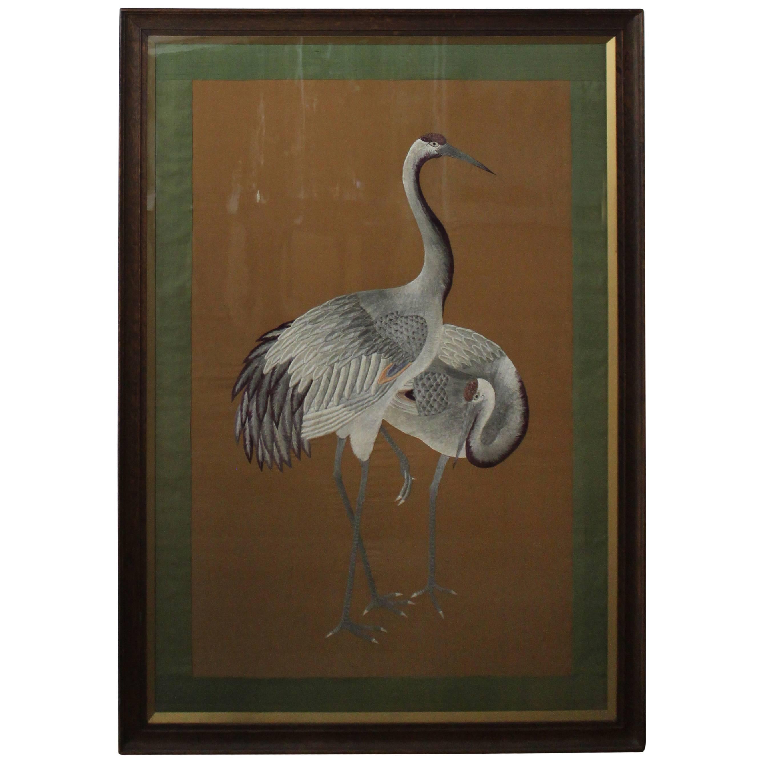 Large Antique Japanese Silk Embroidery of Two Cranes on a Neutral Background For Sale