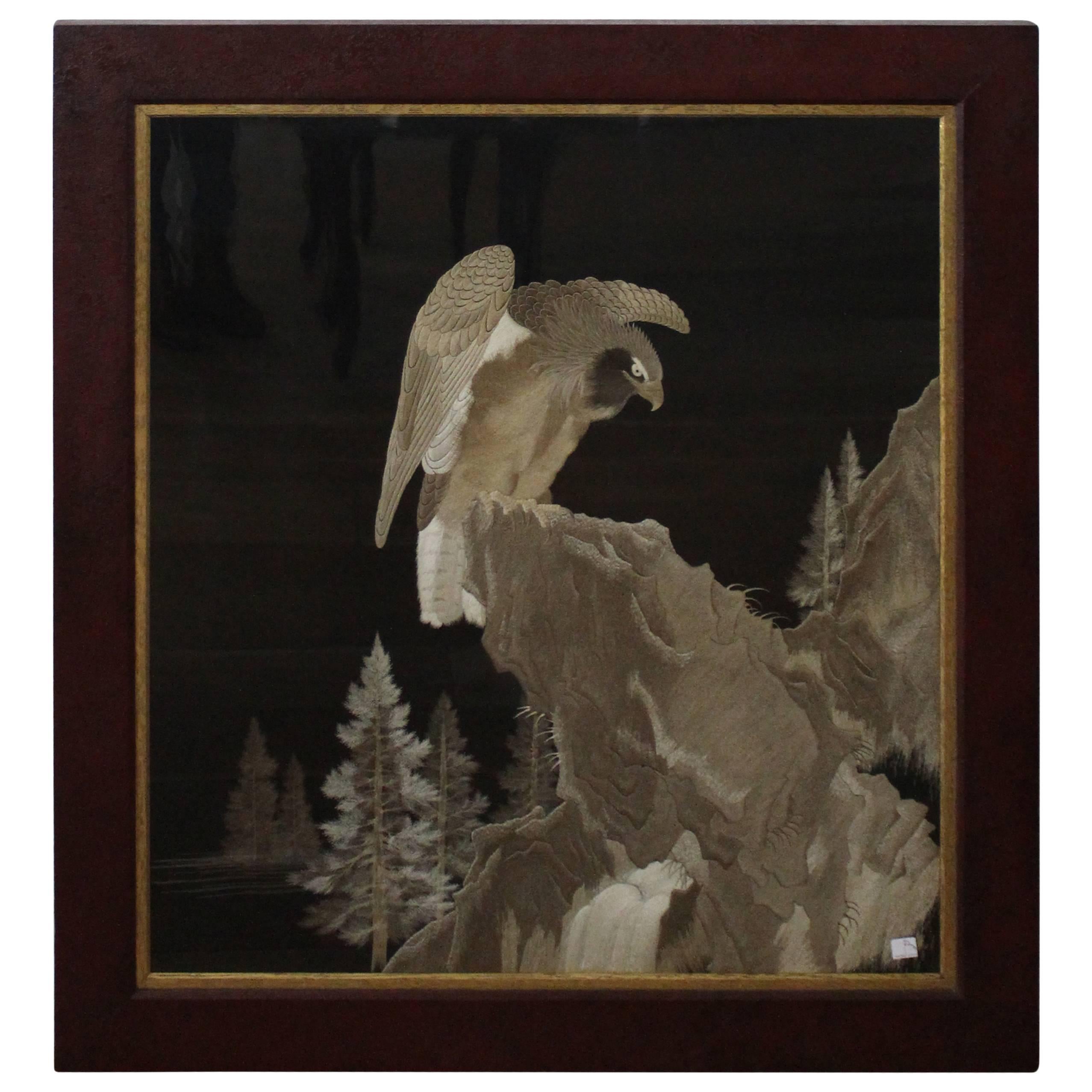 Impressive Framed Antique Japanese Silk Embroidery, Hawk on a Mountainside For Sale