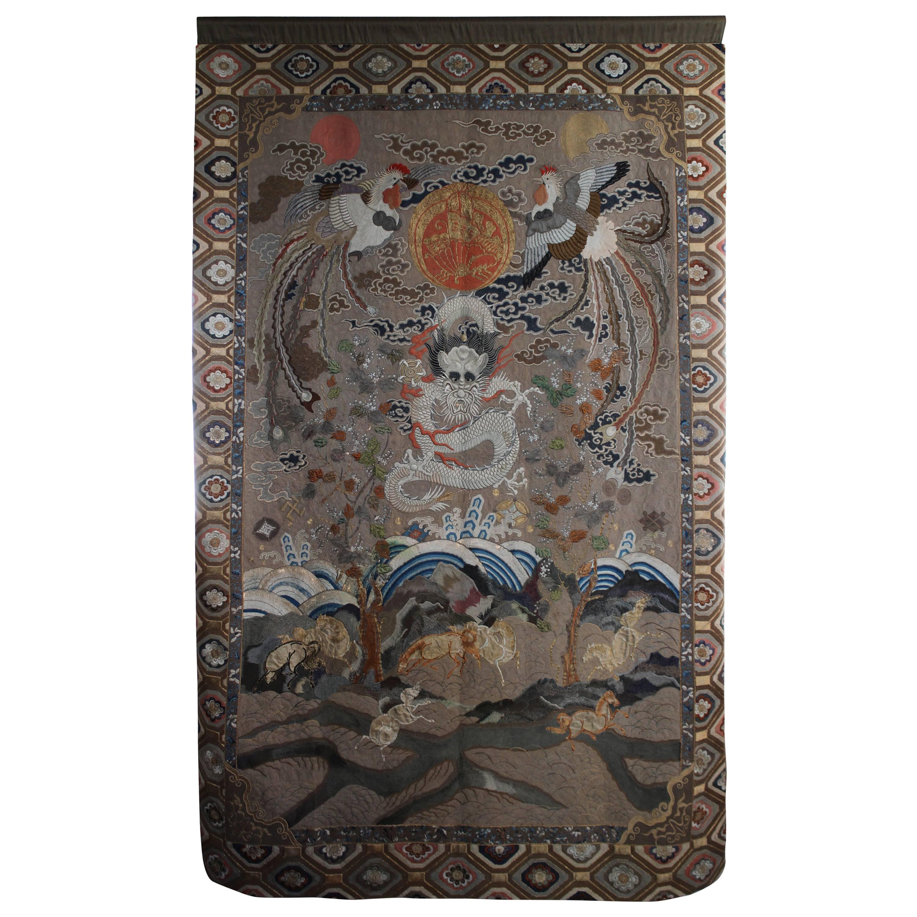 Impressive Antique Japanese Silk Wall Hanging of a Chinese Imperial Dragon