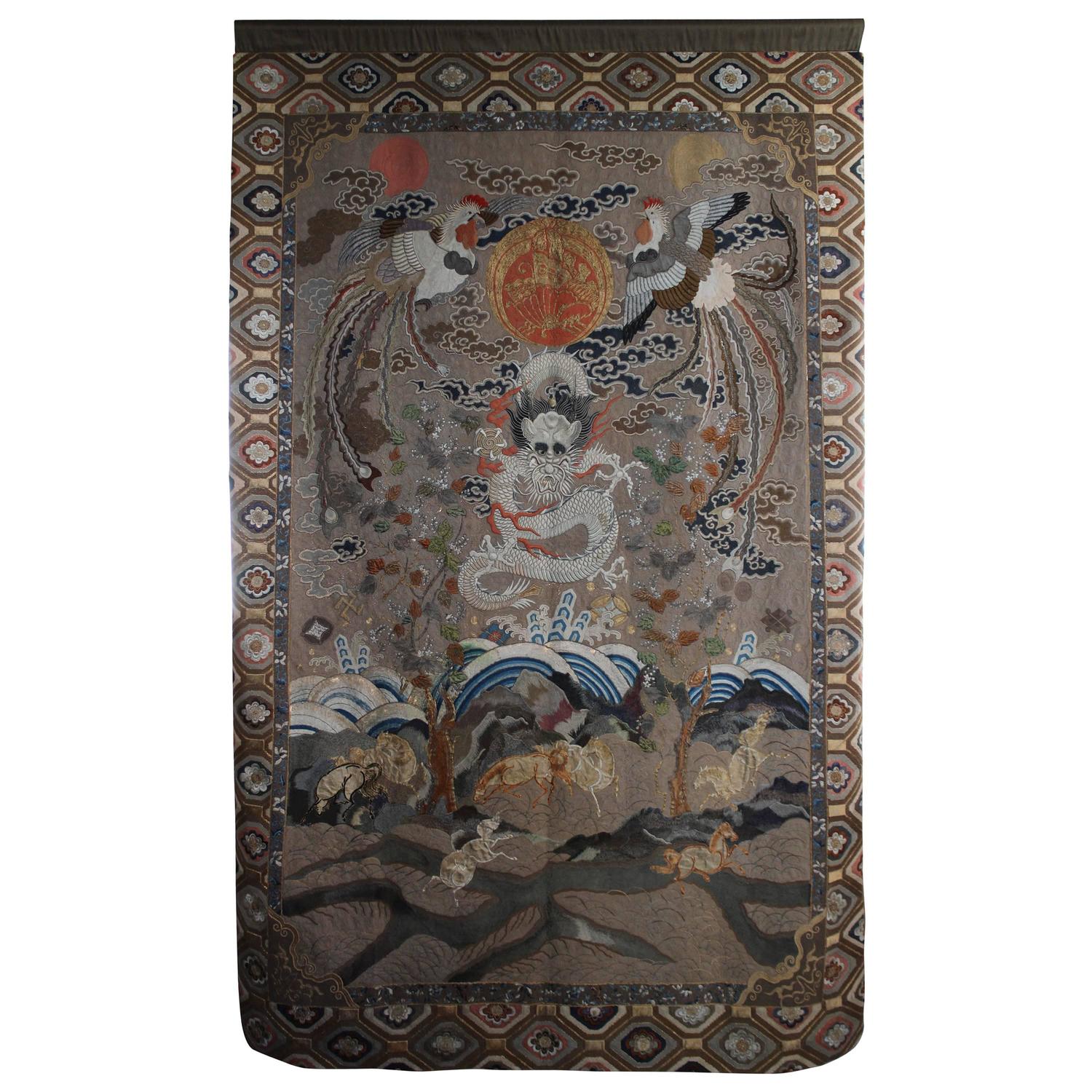 Impressive Antique Japanese Silk Wall Hanging of a Chinese Imperial