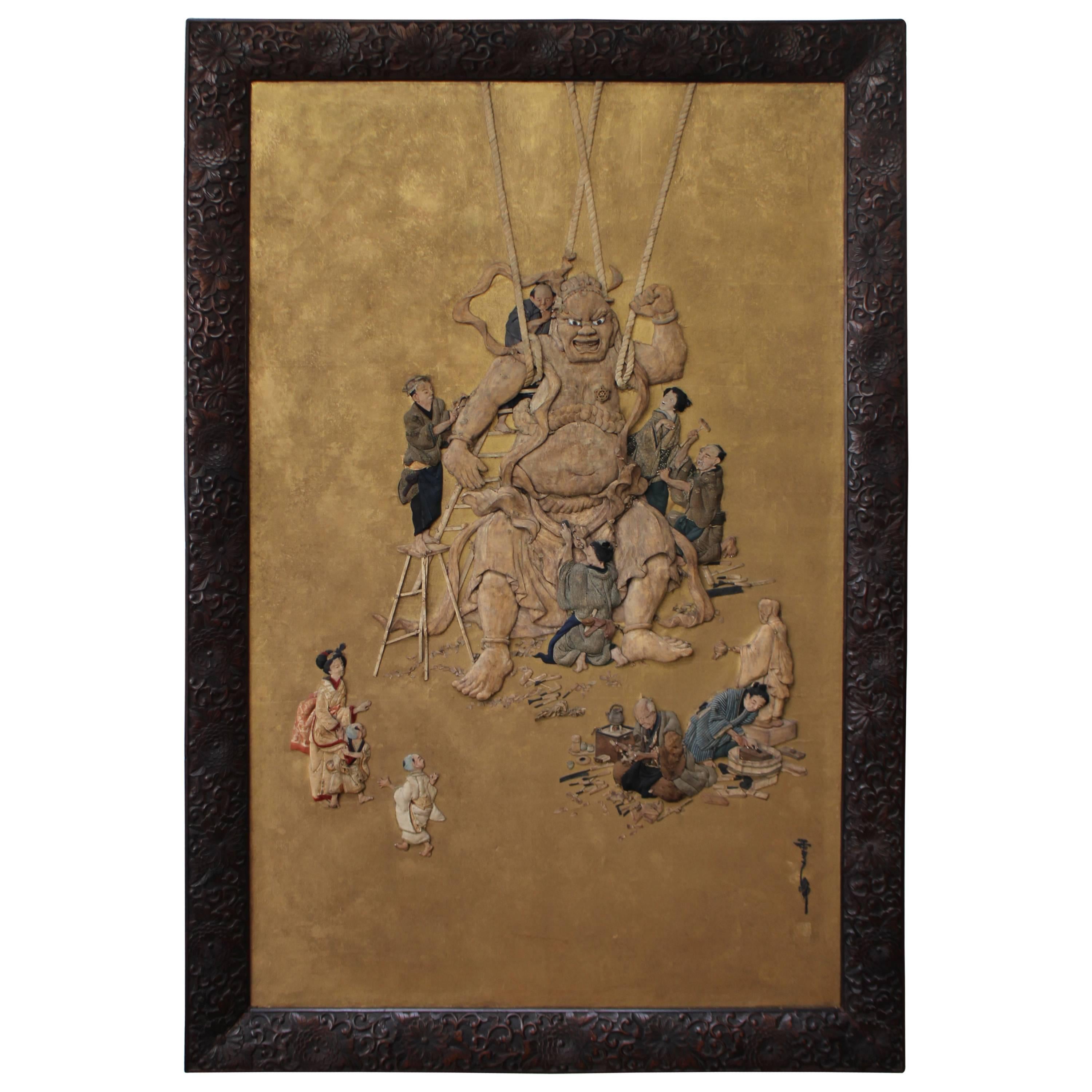 Unusual Antique Japanese Oshi-e 3D Fabric Picture of a Temple Nio For Sale
