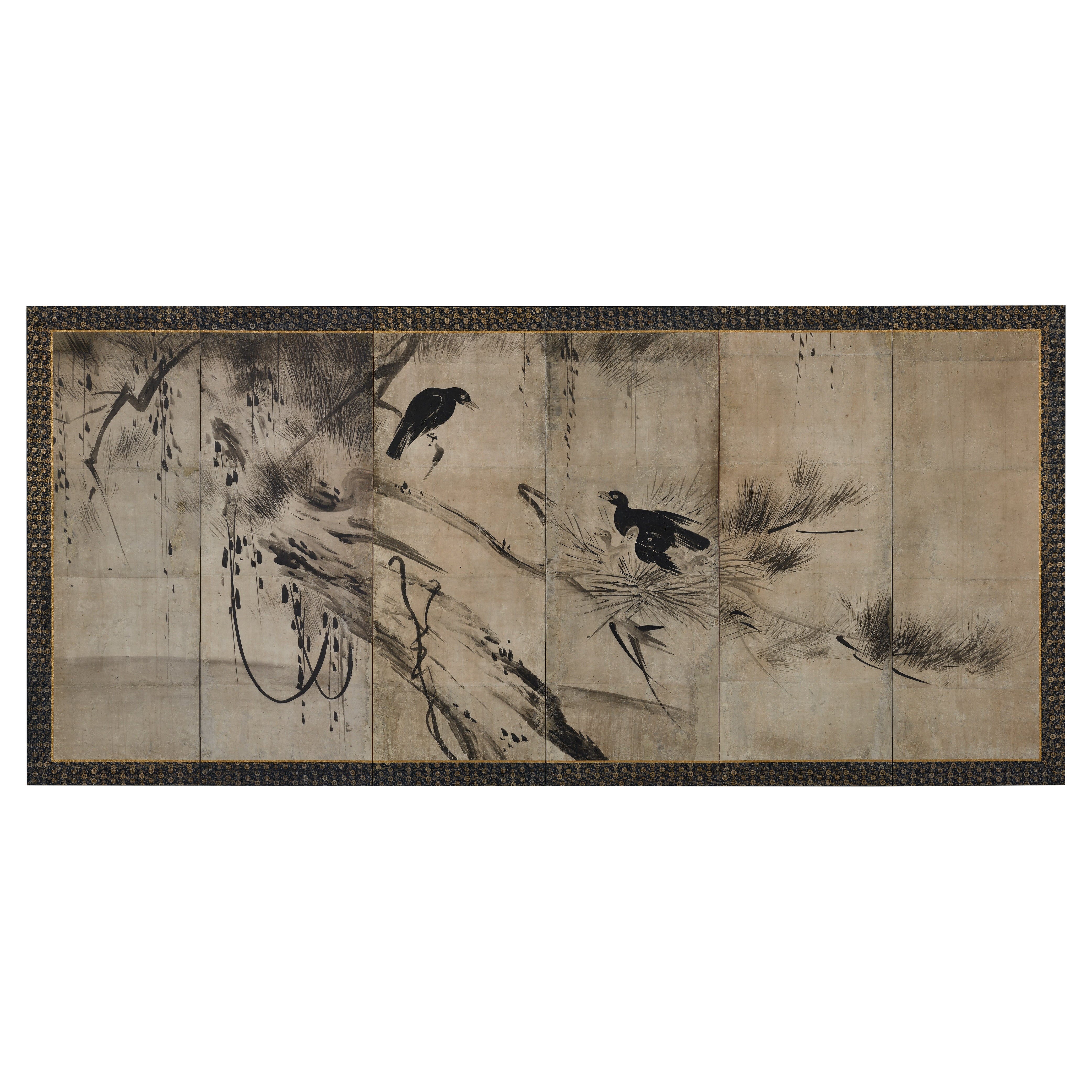 Momoyama period Japanese Screen. Crows on Pine. Studio of Hasegawa Tohaku.