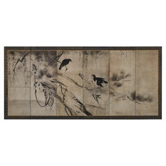Momoyama period Japanese Screen. Crows on Pine. Studio of Hasegawa Tohaku.