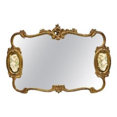 Vintage French Rococo Large Gold Wall Mirror with Bisque Figural Lovers Plaques