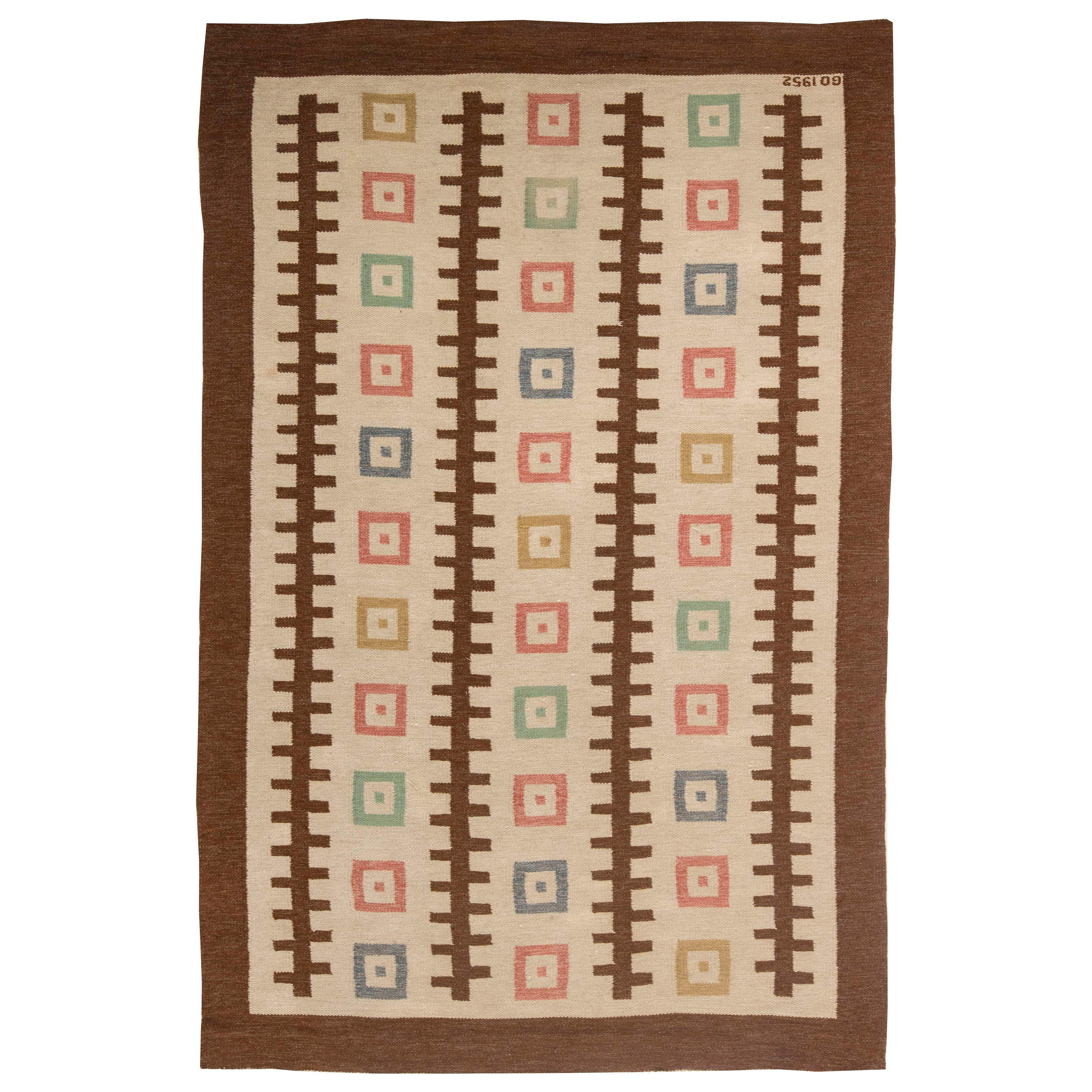 Vintage Swedish Flat-Weave Rug Signed "GO 1952" For Sale