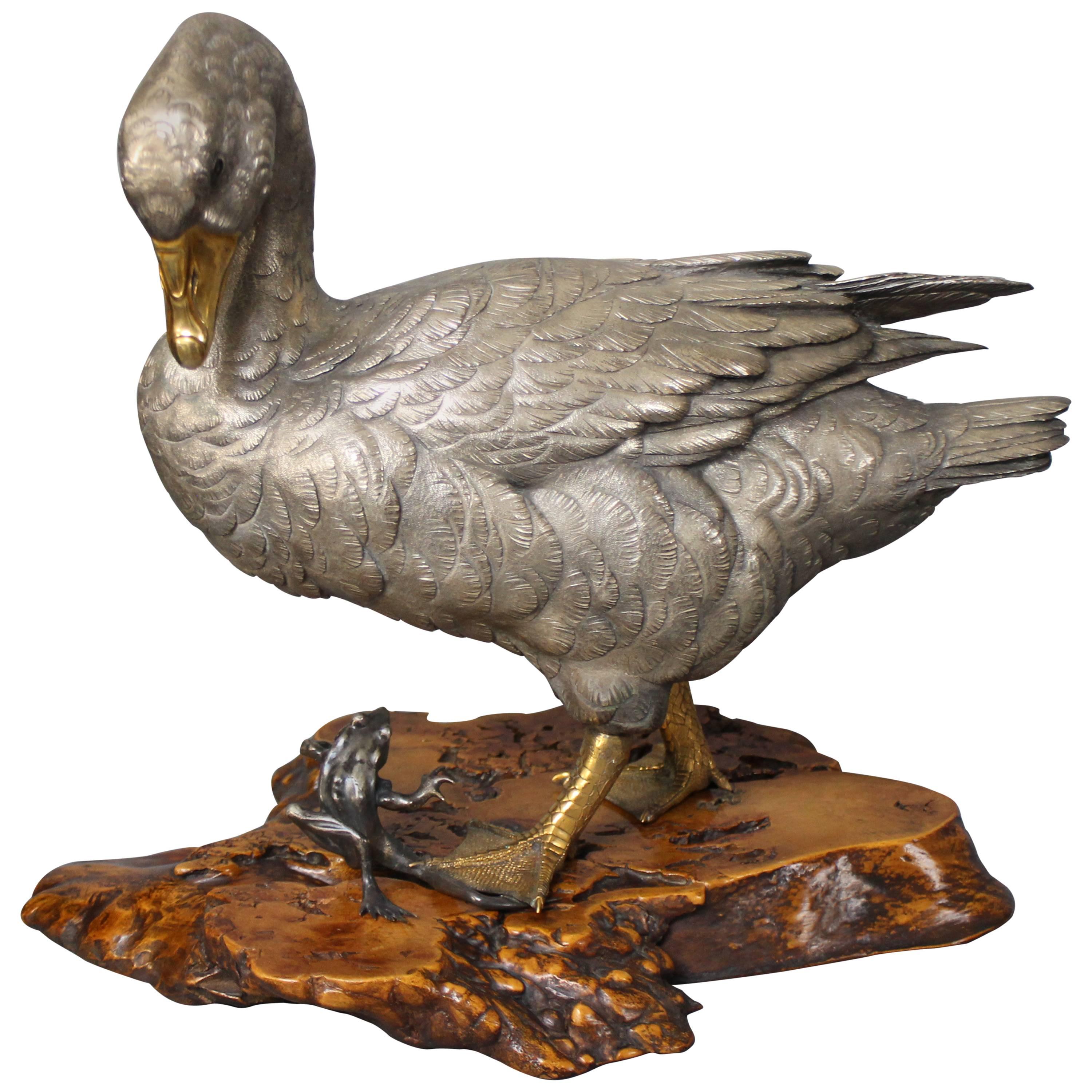 Antique Japanese Silvered and Golden Bronze Goose with Frog on a Wood Base For Sale