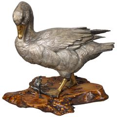 Antique Japanese Silvered and Golden Bronze Goose with Frog on a Wood Base