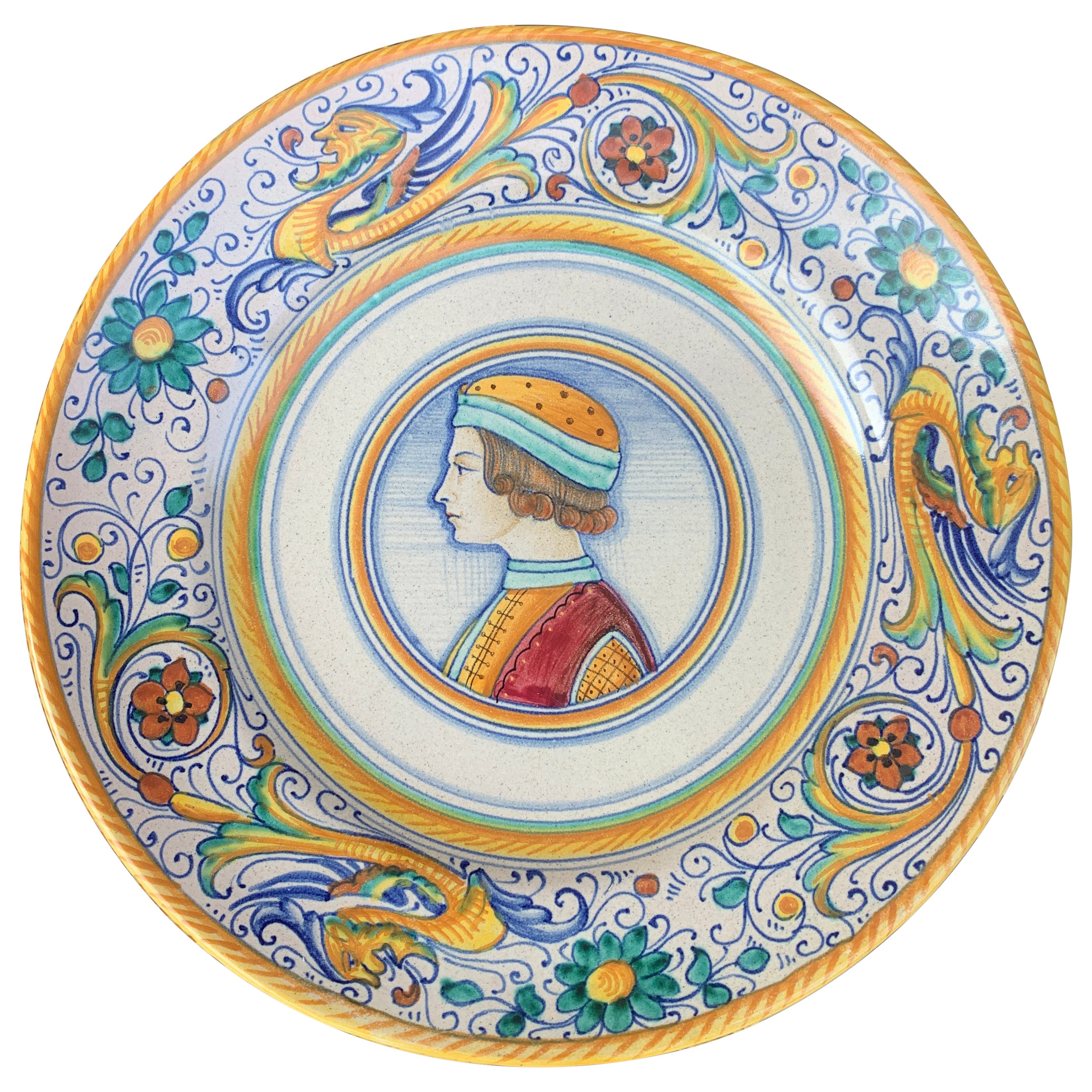 Italian Provincial Deruta Hand Painted Faience Portrait Pottery Wall Plate