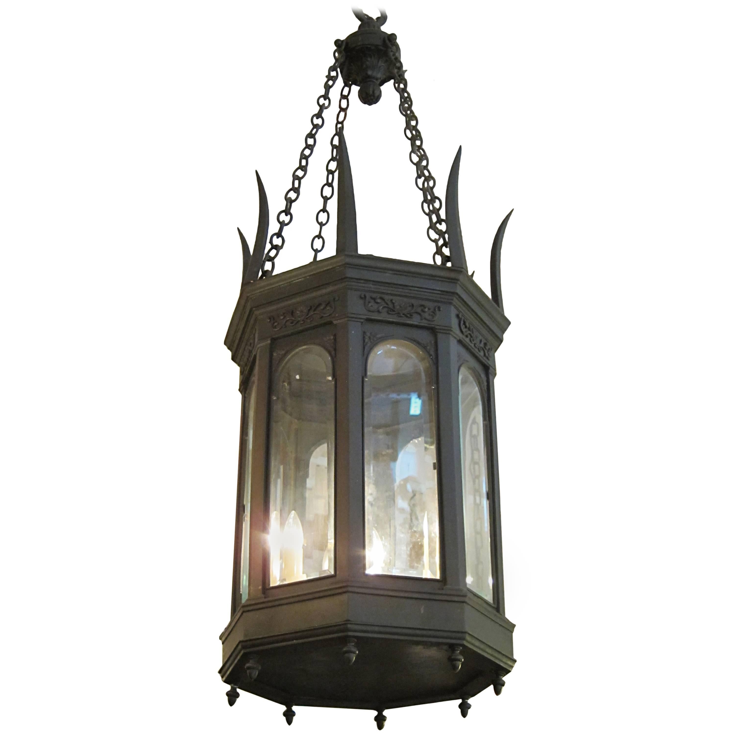 1900s American Gothic Octagon Bronze Lantern with Beveled Glass Pendant