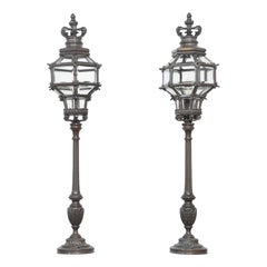 Antique Pair of bronze newel post lamps