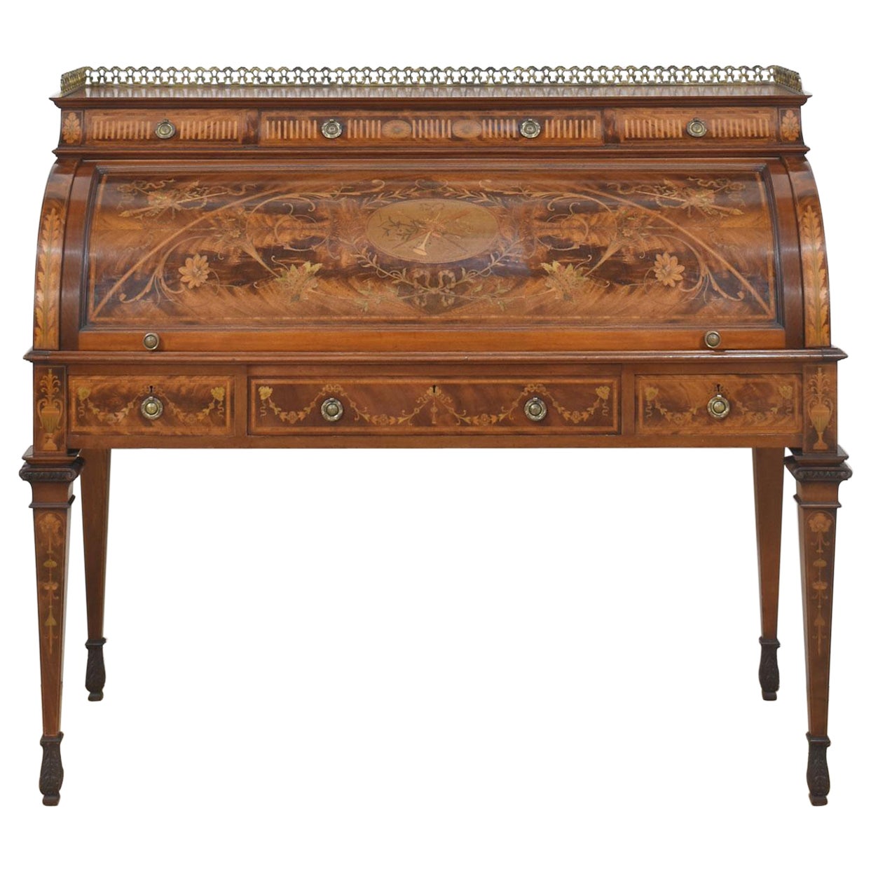 Sheraton Revival marquetry inlaid cylinder bureau For Sale