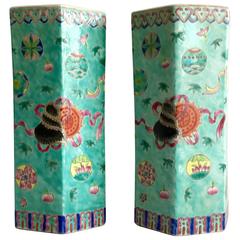 Pair of Mid-Century Chinese Export Turquoise Hexagon Vases