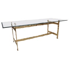 1980s Dining Table with Hammered Brass Frame and Glass Top