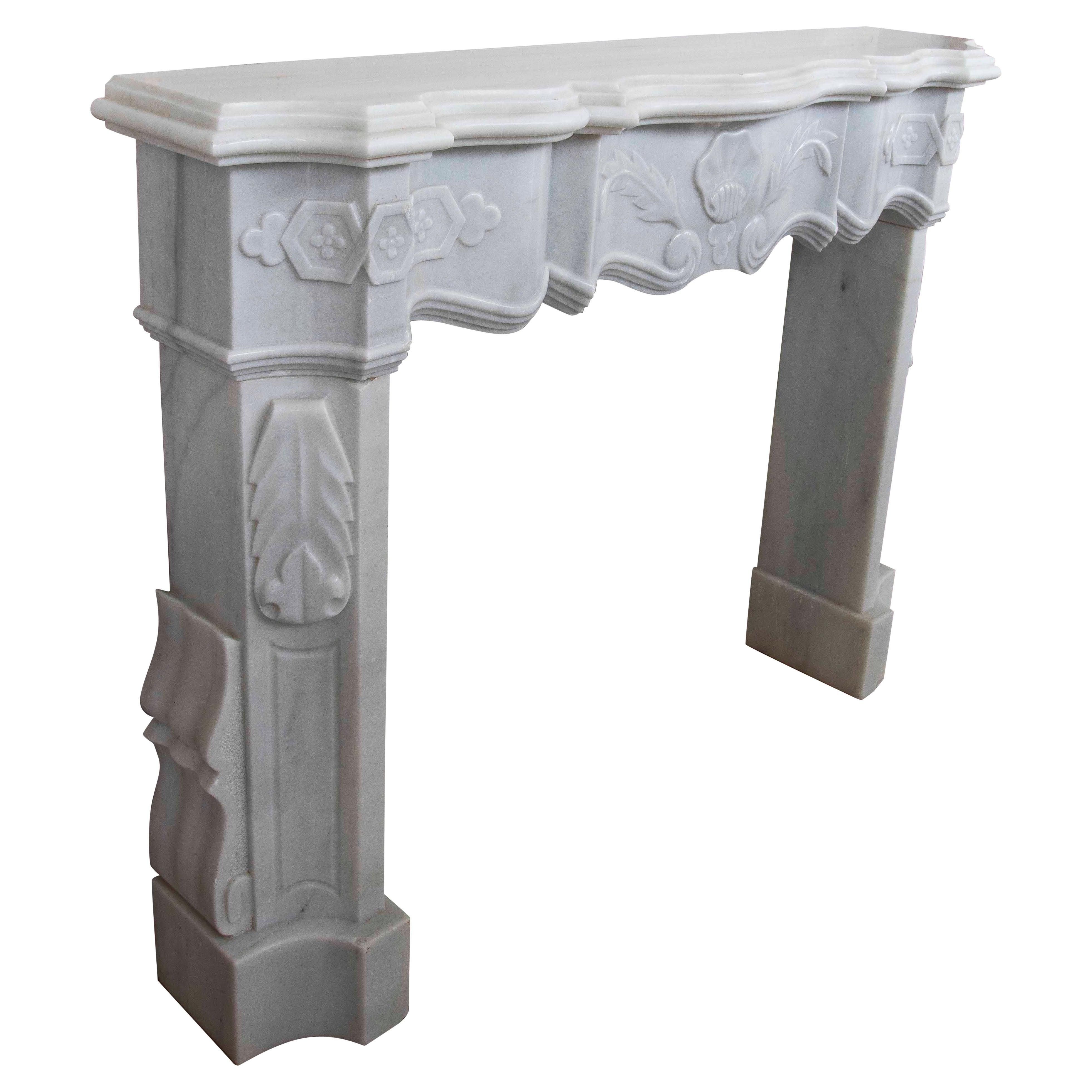 1990s Classic Carved White Marble Fireplace – French Decorative Style