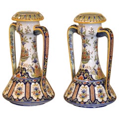 Pair of 19th Century French Hand Painted Faience Vases from Rouen