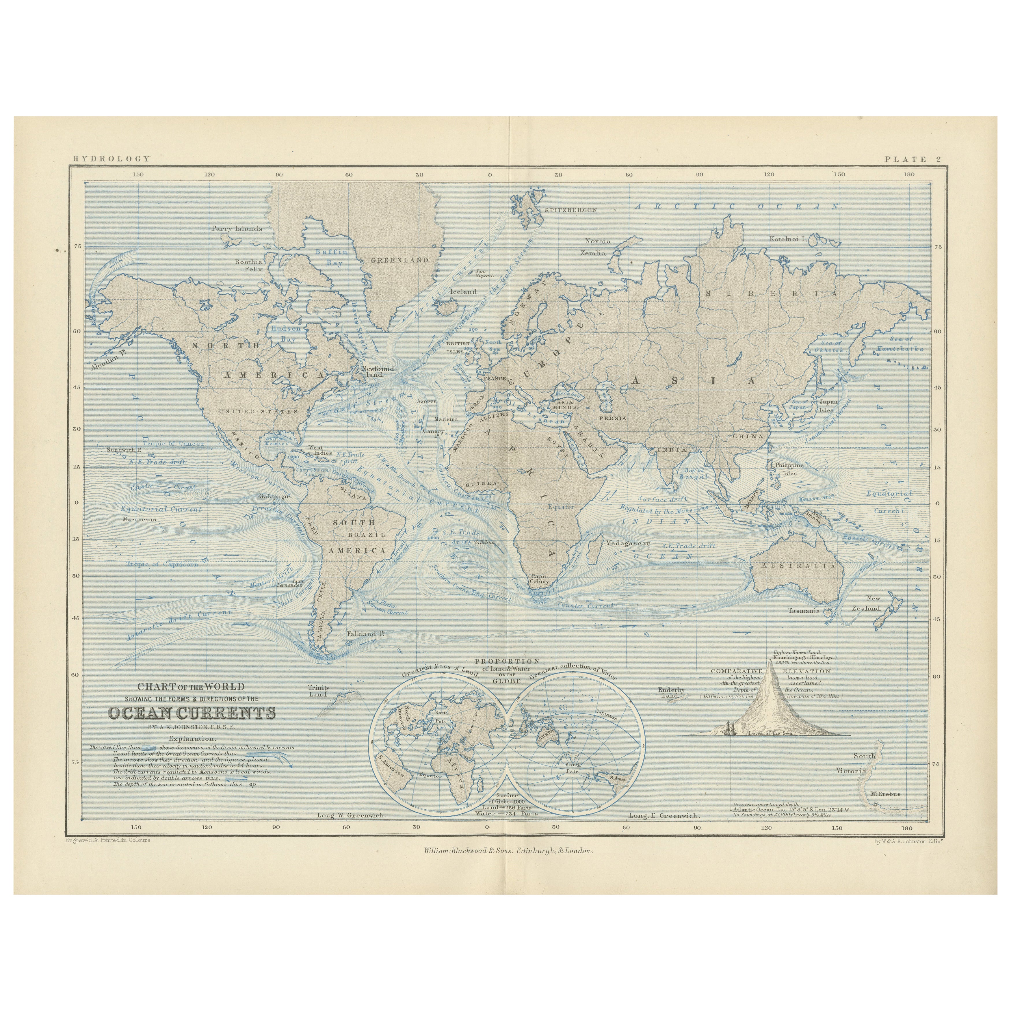 World Map of Ocean Currents by A.K. Johnston, Educational Print 1852