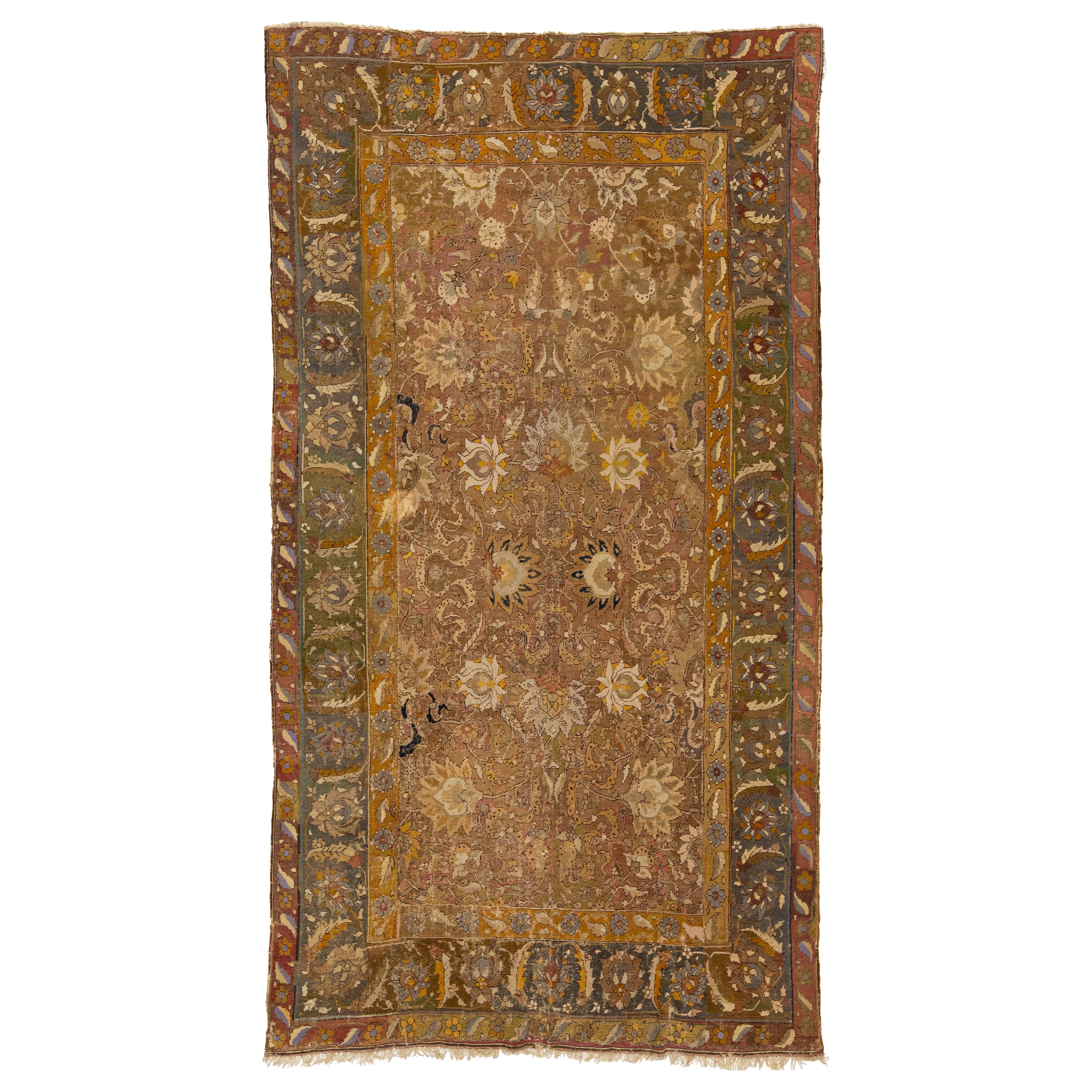 17th Century Unique Handmade Persian Isfahan Brown Wool Rug  With Floral Design For Sale