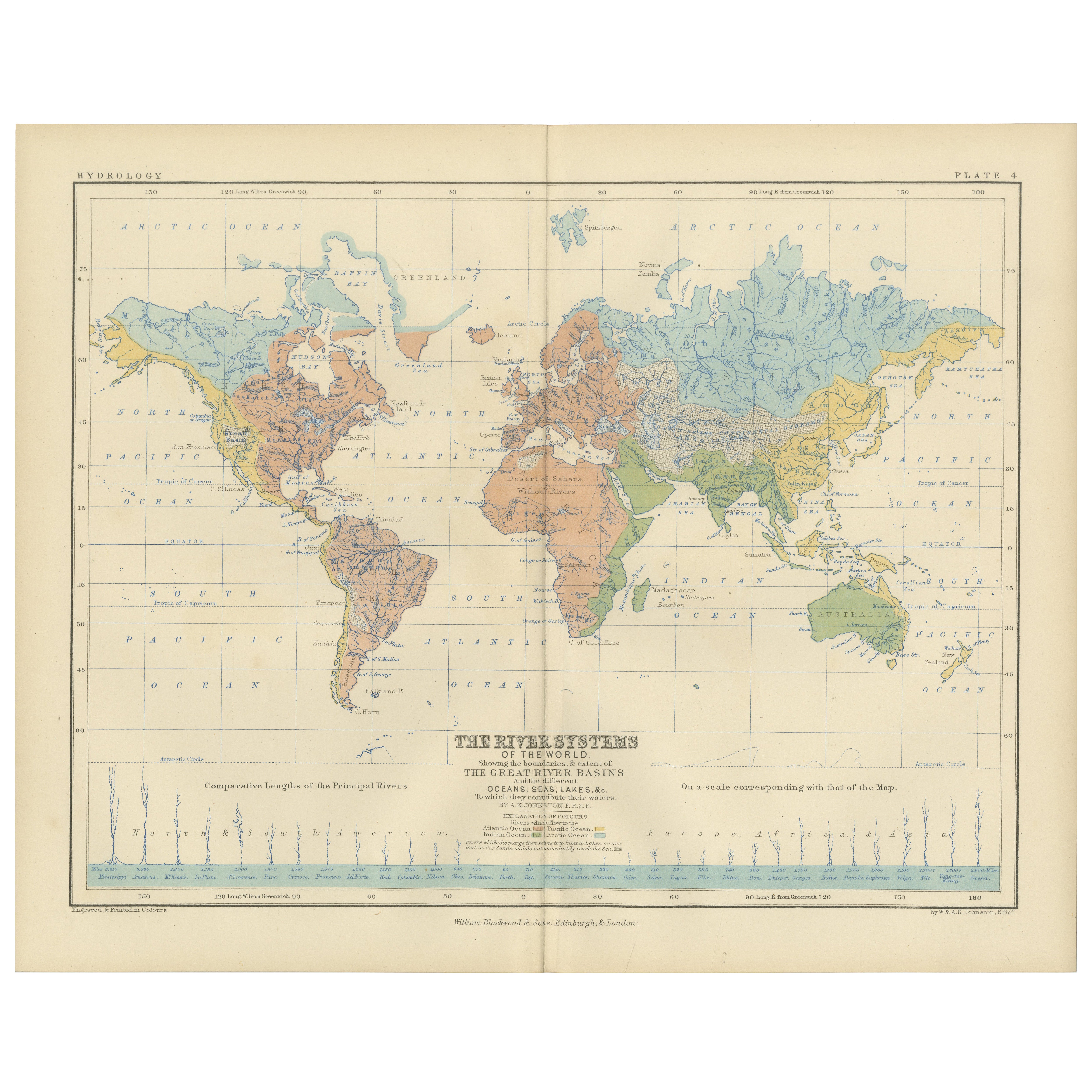 River Systems Map of the World by A.K. Johnston – Educational Print 1852