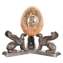 Vintage Art Deco Leopard Skin Jasper Egg on Bronze Base With Griffins