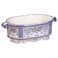 Early 20th C. French Desvres Faience Jardinière with Mask Handles and Scrollwork