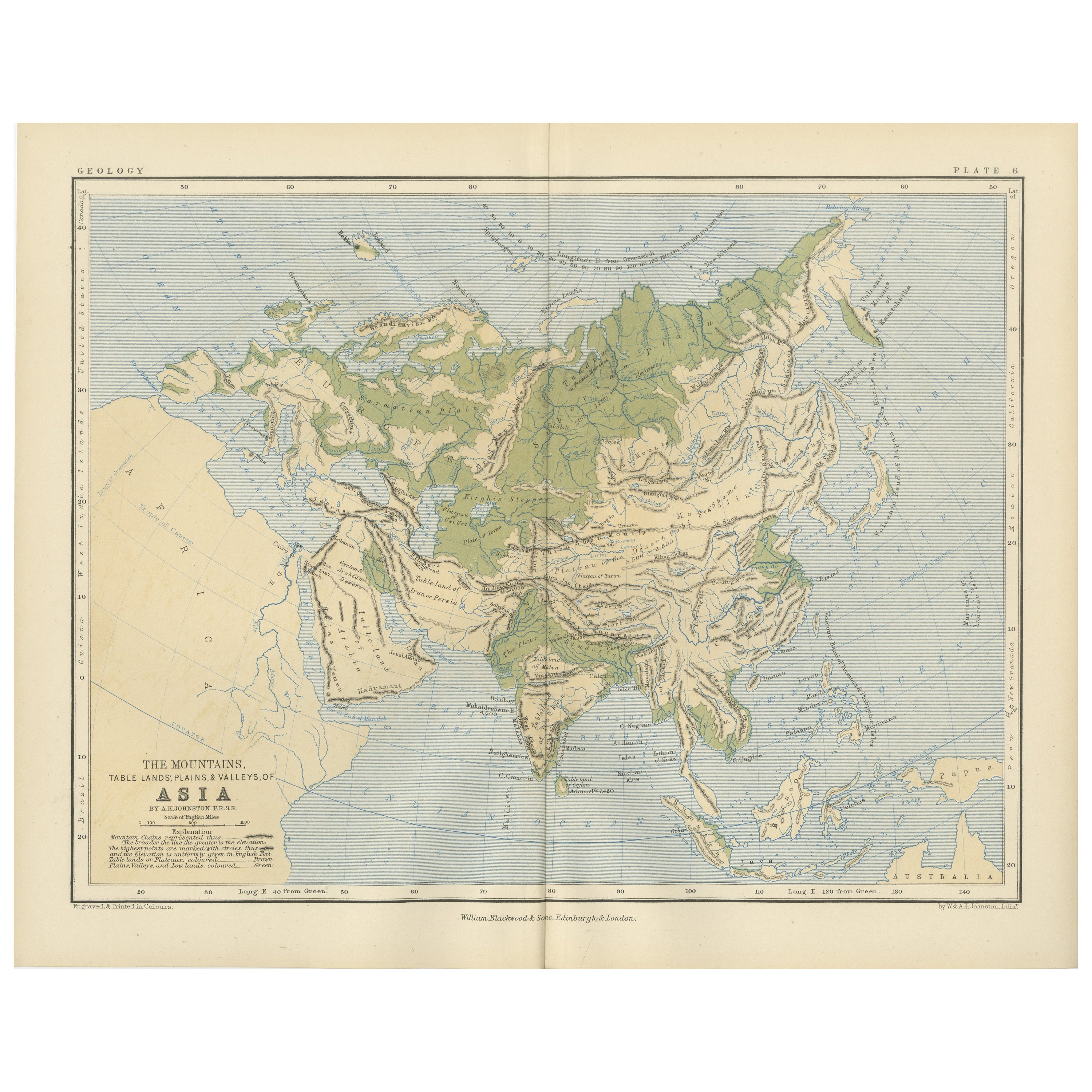 Geological Map of Asia by A.K. Johnston – Mountains and Valleys 1852