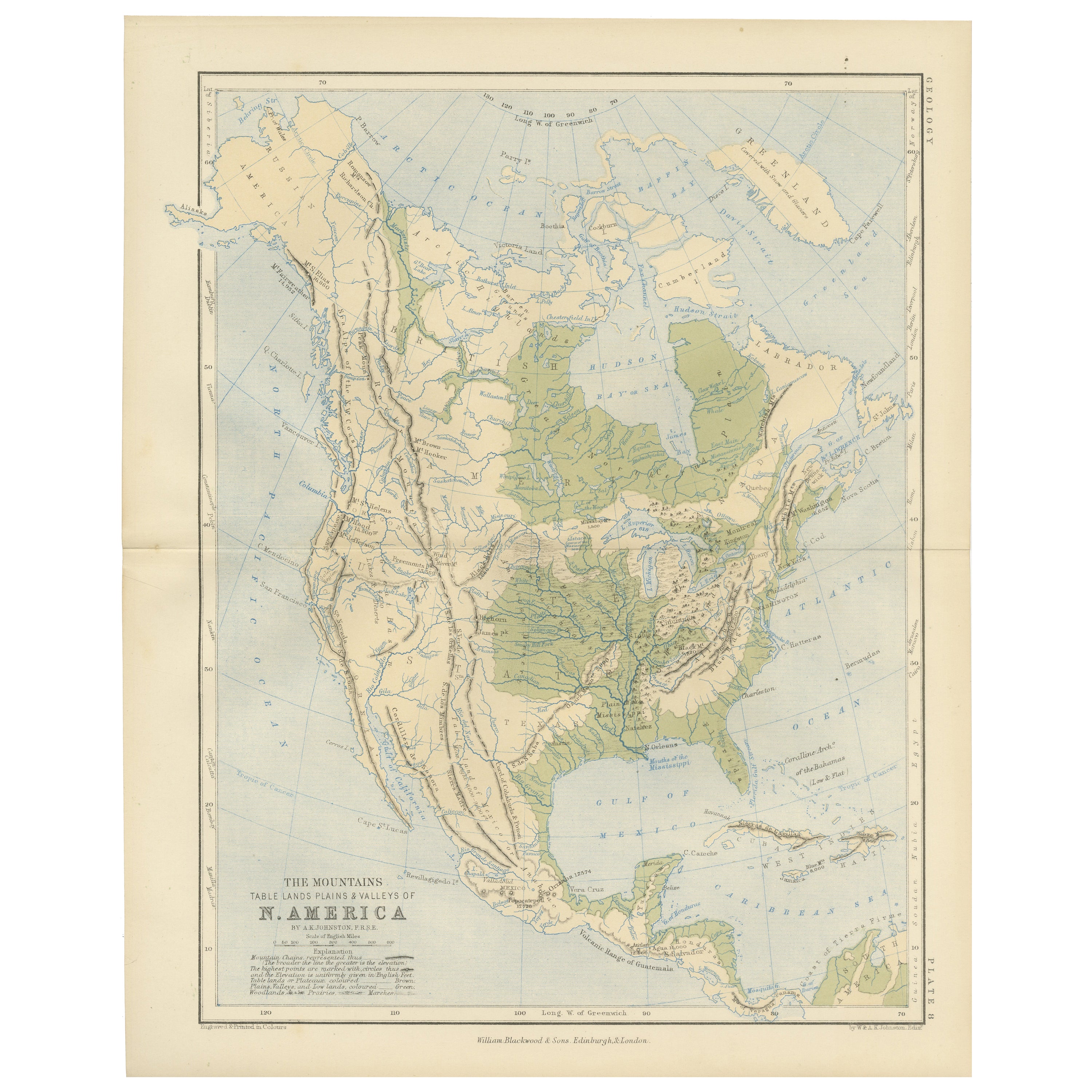 Geological Map of North America by A.K. Johnston – Mountains and Valleys 1852