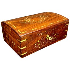 Rosewood Trinket Jewelry Box with Brass Inlay and Key
