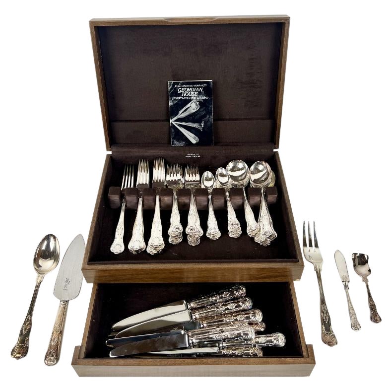Georgian House Stainless Silverplate English Flatware with Original Box, 65 pcs For Sale