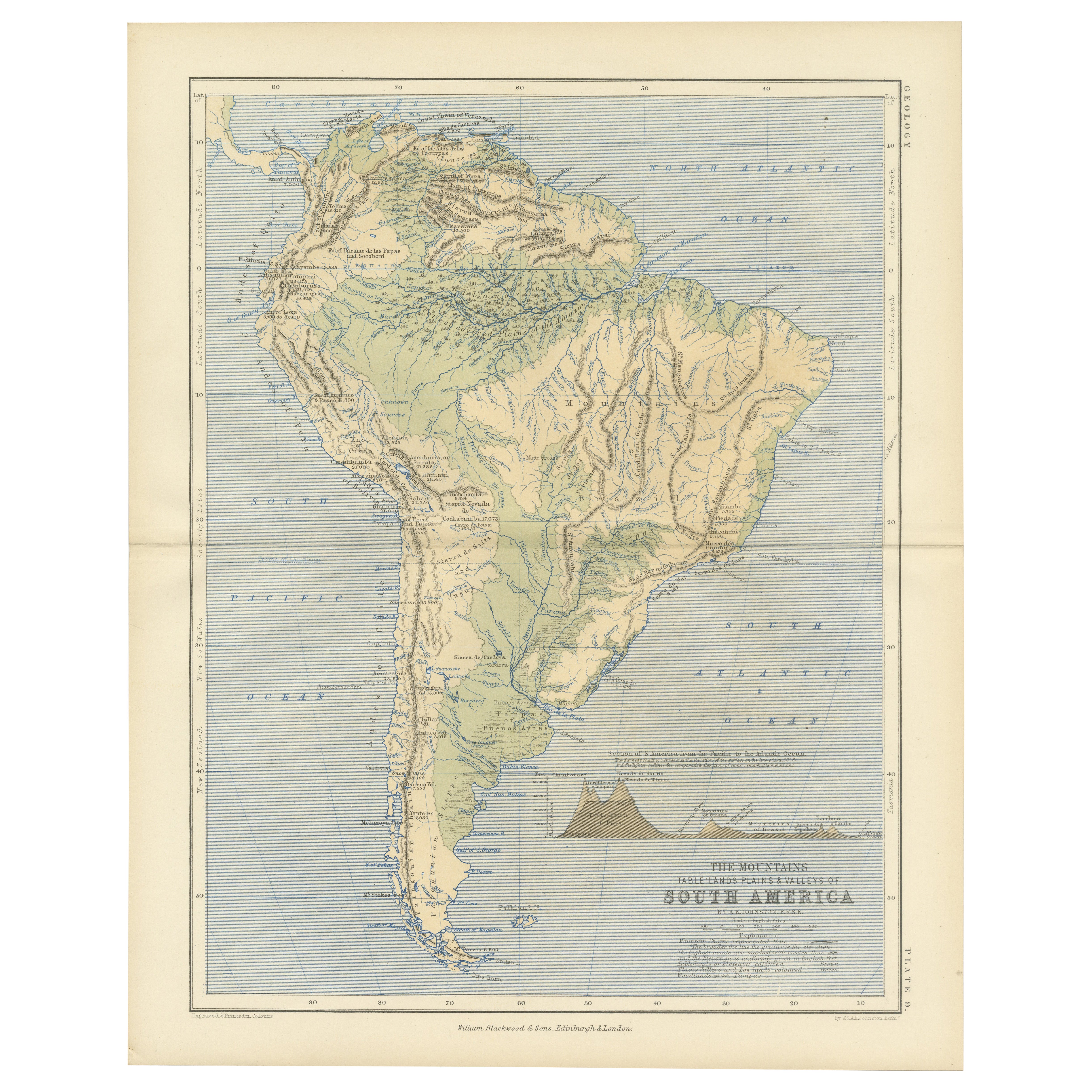 Geological Map of South America by A.K. Johnston – Mountains and Valleys 1852
