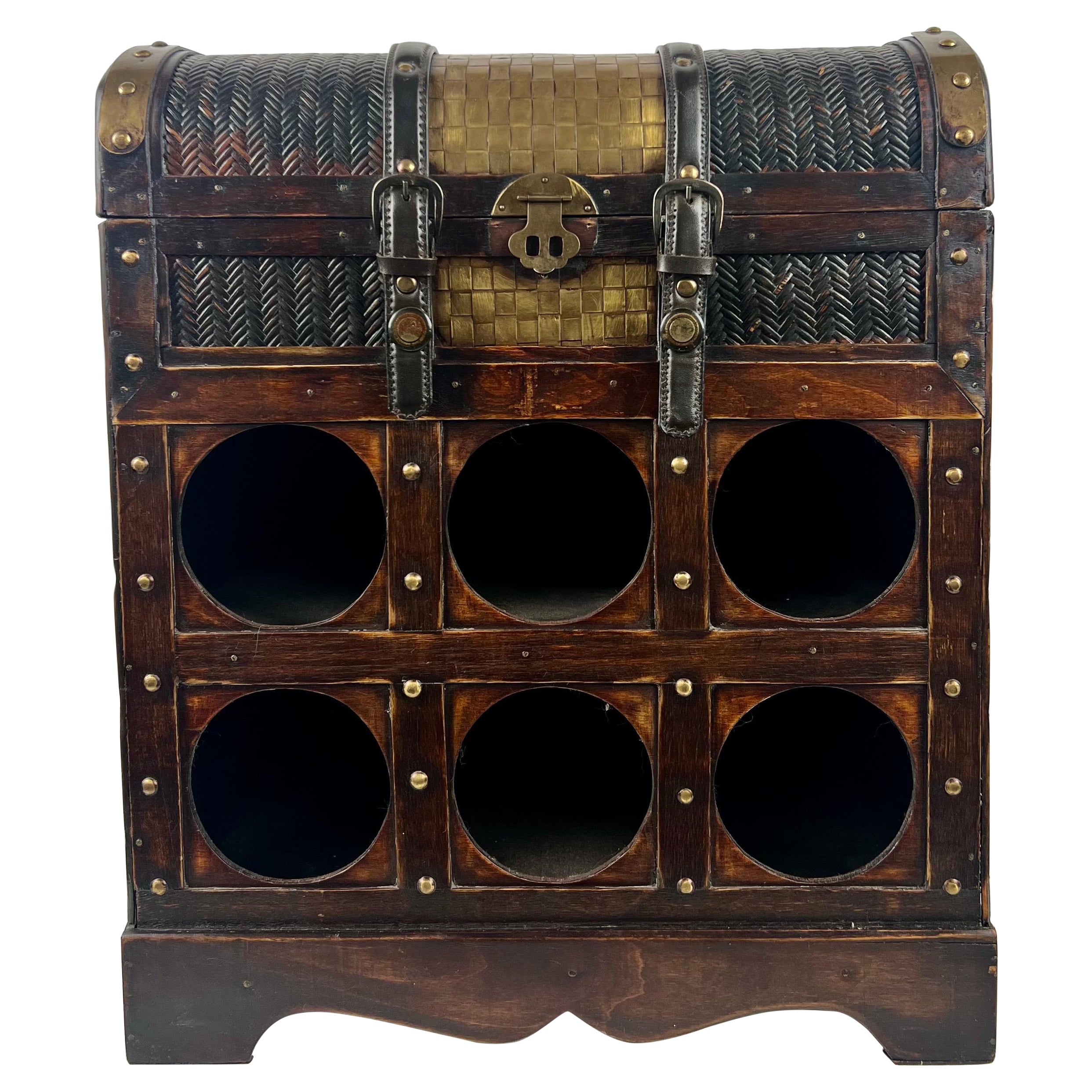 Vintage Rustic Style Treasure Chest Rattan & Wood Portable Wine Rack For Sale