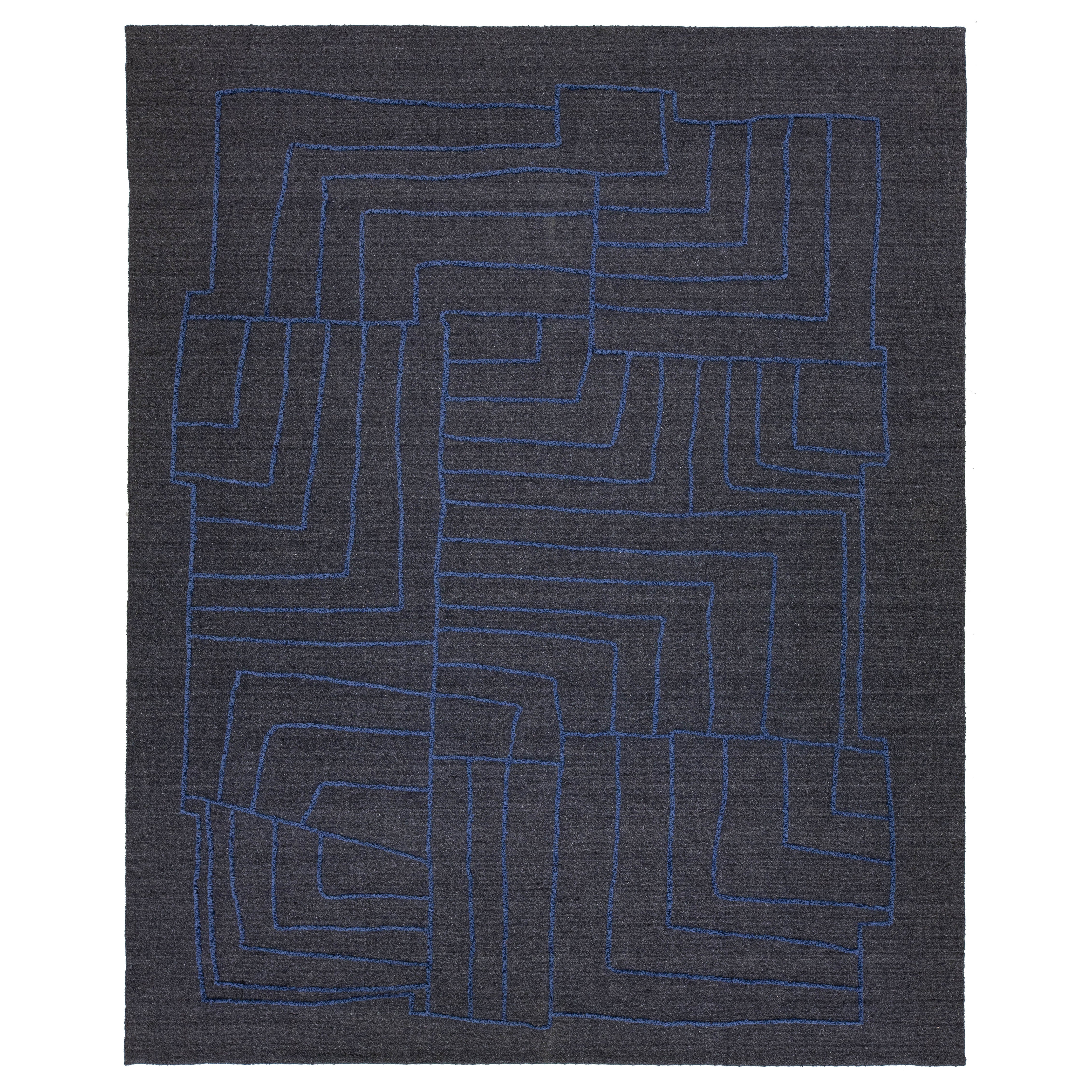 12 x 15 Modern Hand Loom Gray Wool Rug With Abstract Design For Sale