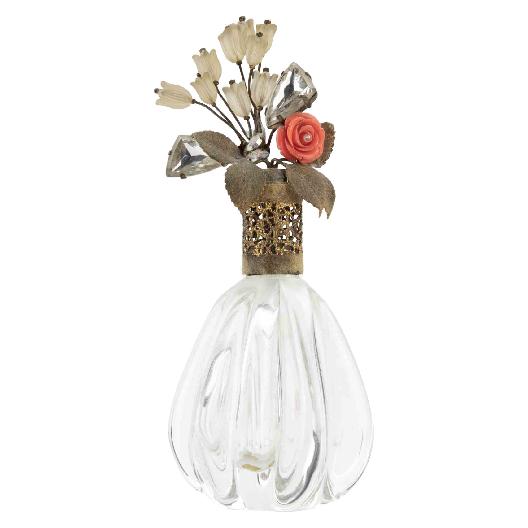 Clear Glass Perfume Bottle with Jeweled Top, 1930s For Sale