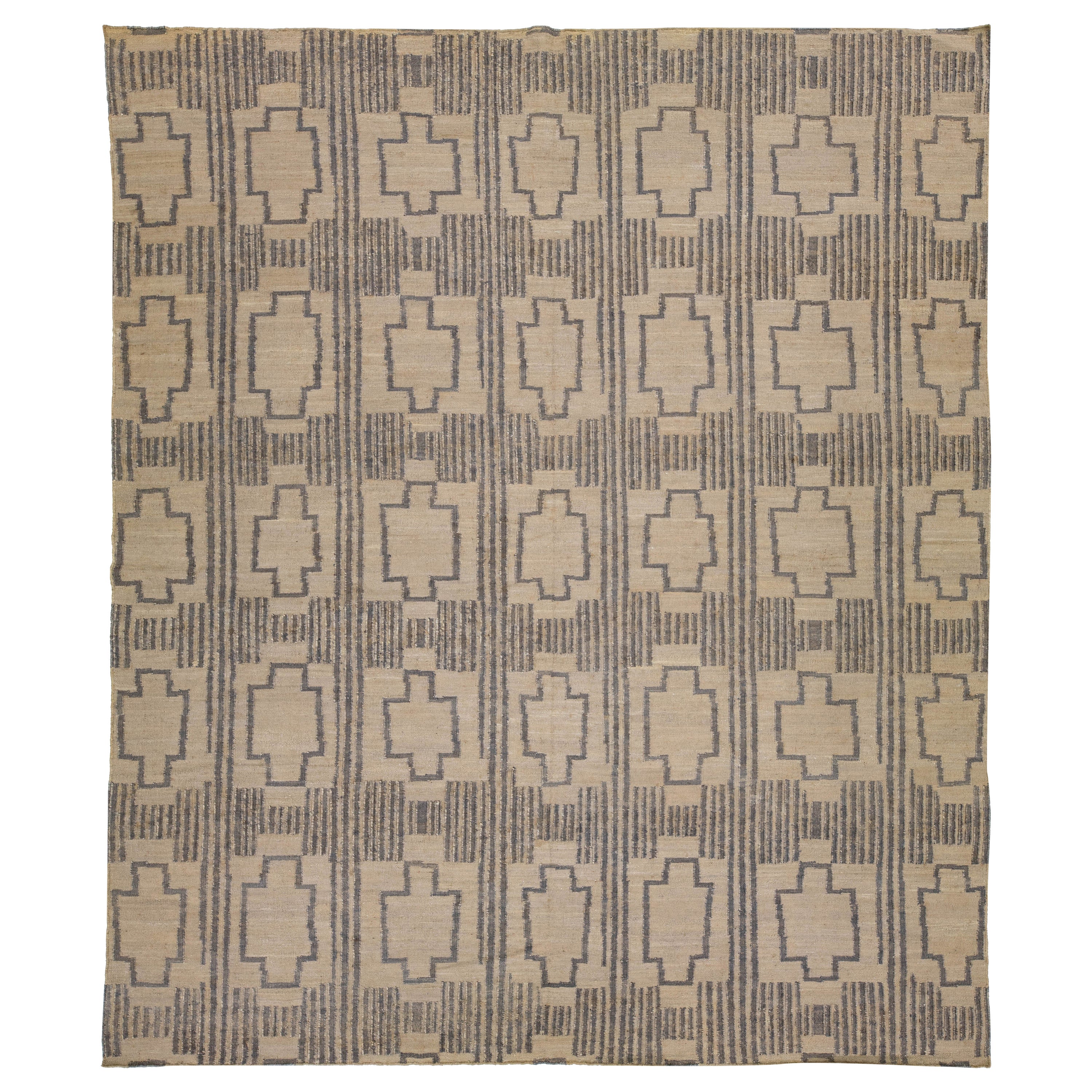 13 x 15 Modern Dhurrie Designed Natural Jute Rug For Sale