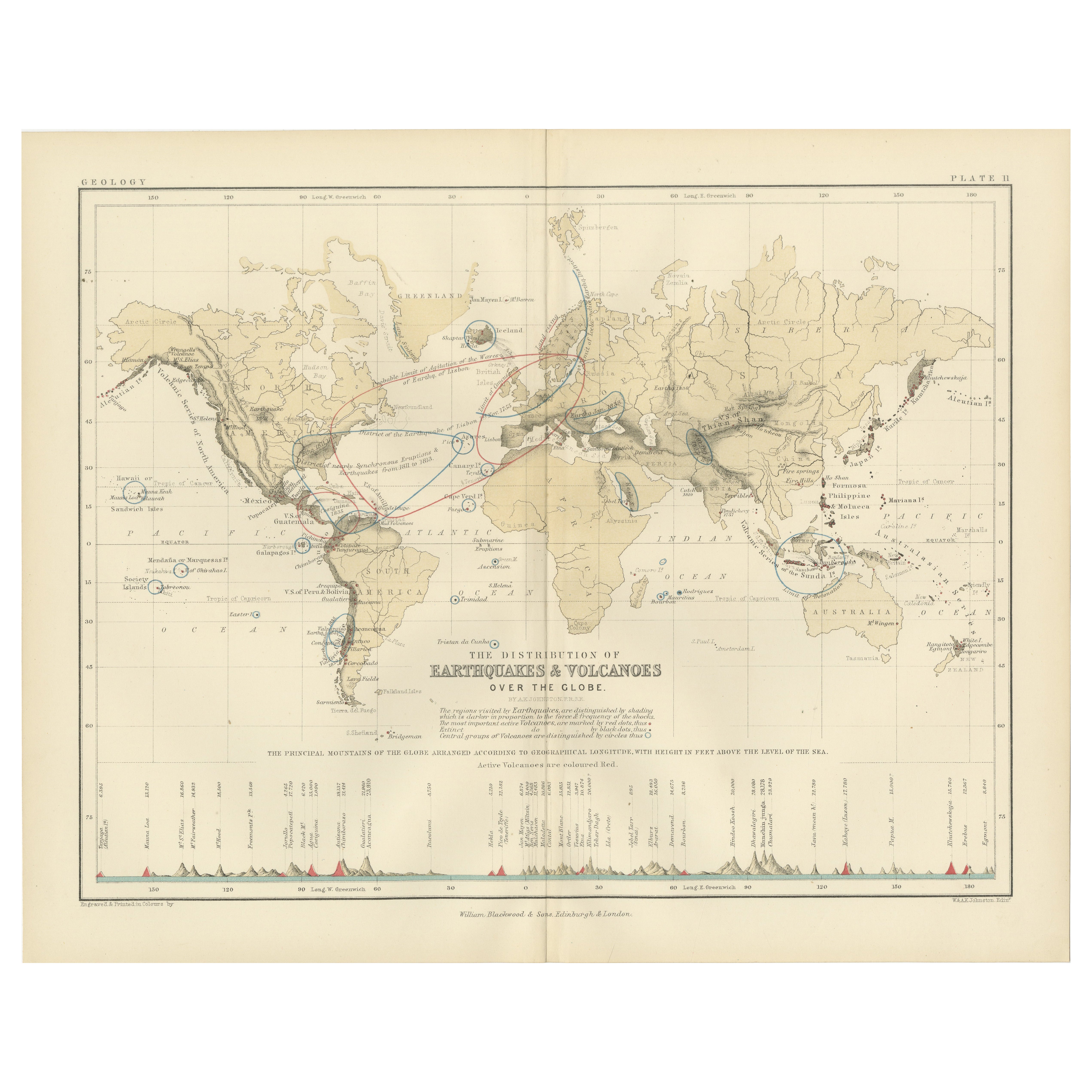 Earthquakes and Volcanoes Map by A.K. Johnston – Seismic Activity Atlas 1852 For Sale