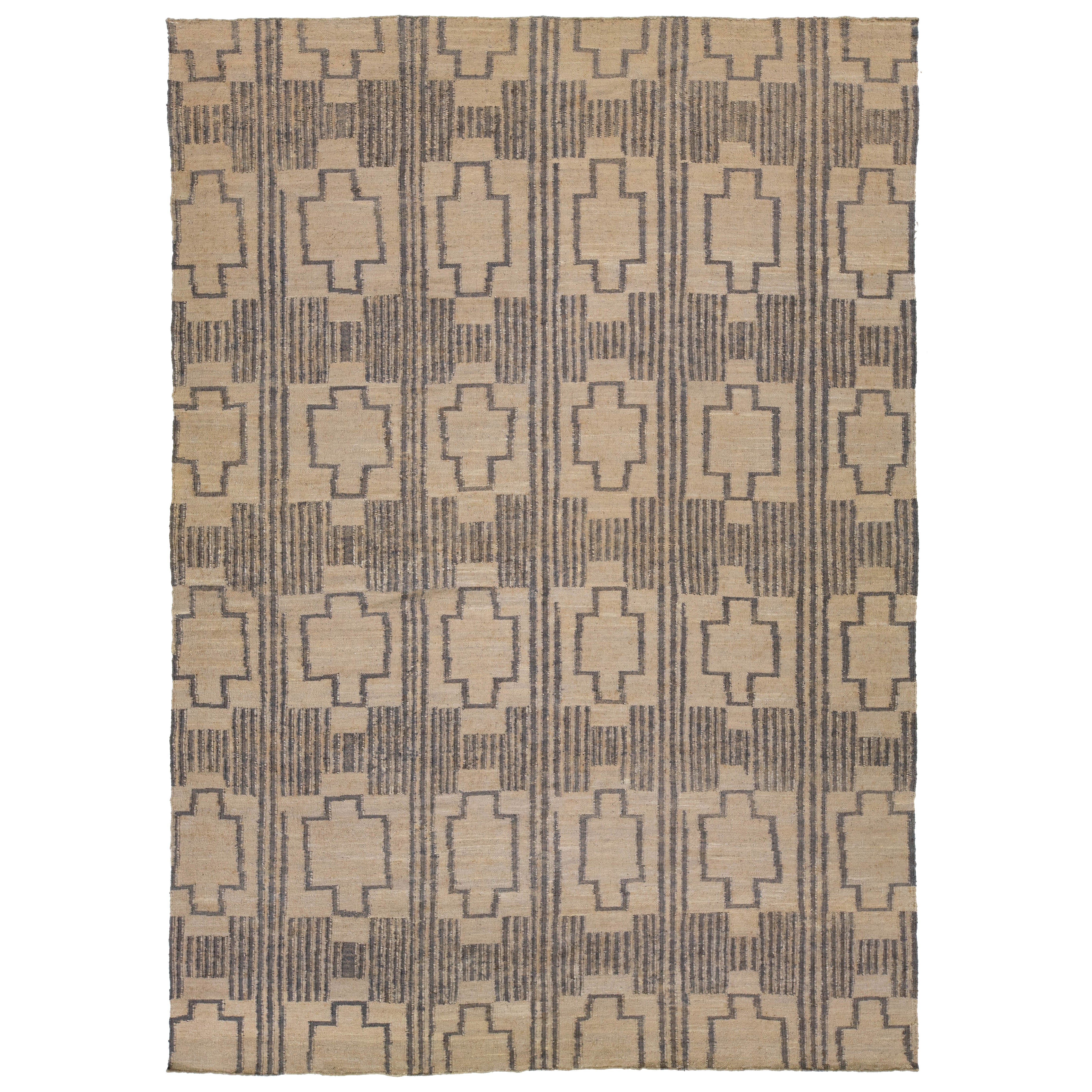 12 x 15 Modern Dhurrie Designed Natural Jute Rug