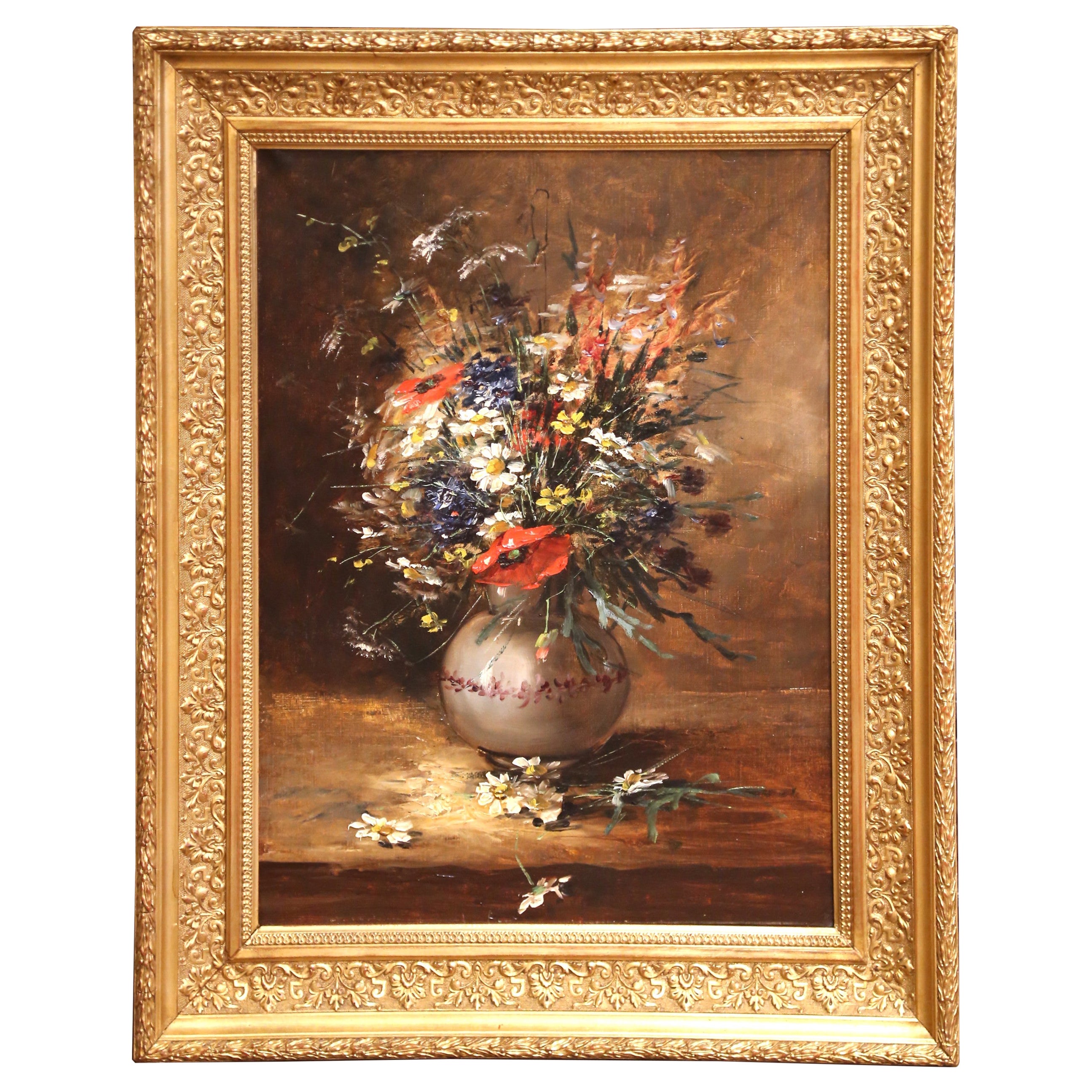 19th C. French Still Life Oil Painting of Flowers in Vase with Giltwood Frame