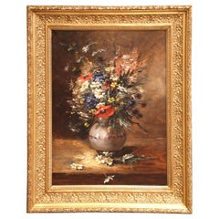 19th C. French Still Life Oil Painting of Flowers in Vase with Giltwood Frame