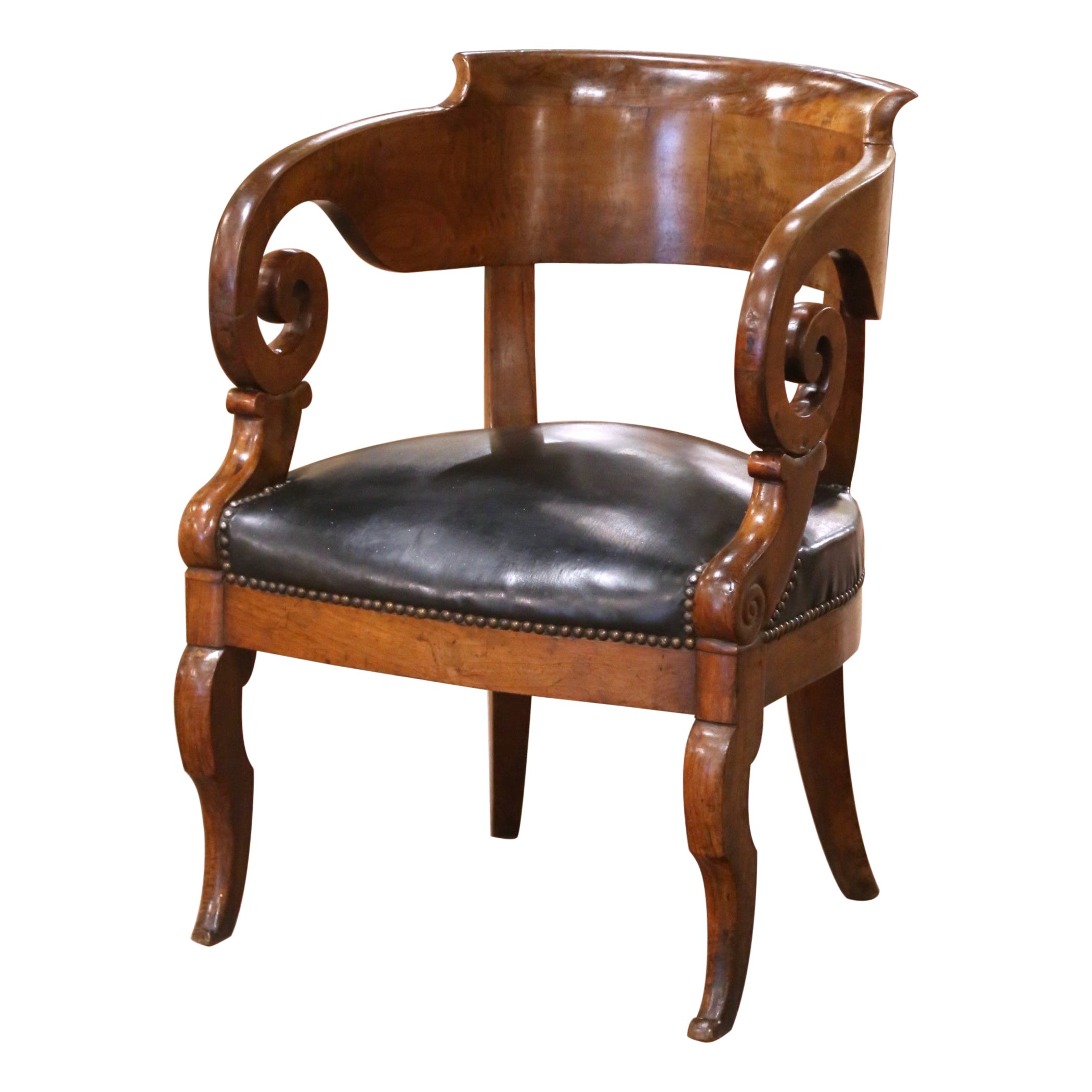 19th C. French Empire Mahogany Desk Armchair with Scroll Arms and Leather Seat