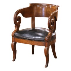 19th C. French Empire Mahogany Desk Armchair with Scroll Arms and Leather Seat