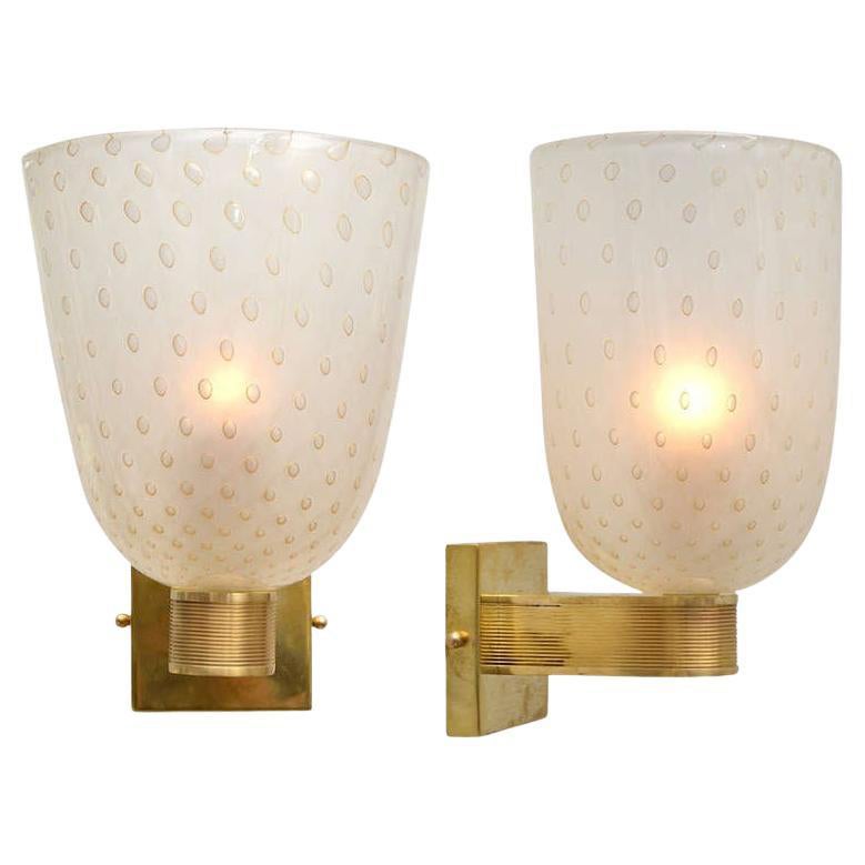 Pair of Murano "Pulegoso" Glass and Brass Sconces For Sale