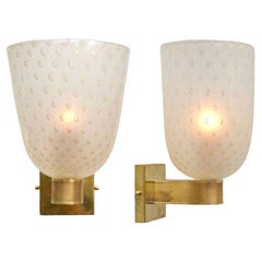 Pair of Murano "Pulegoso" Glass and Brass Sconces