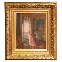 Pittura su tela di genere del XIX secolo con cornice in legno dorato firmata Amédée Greux