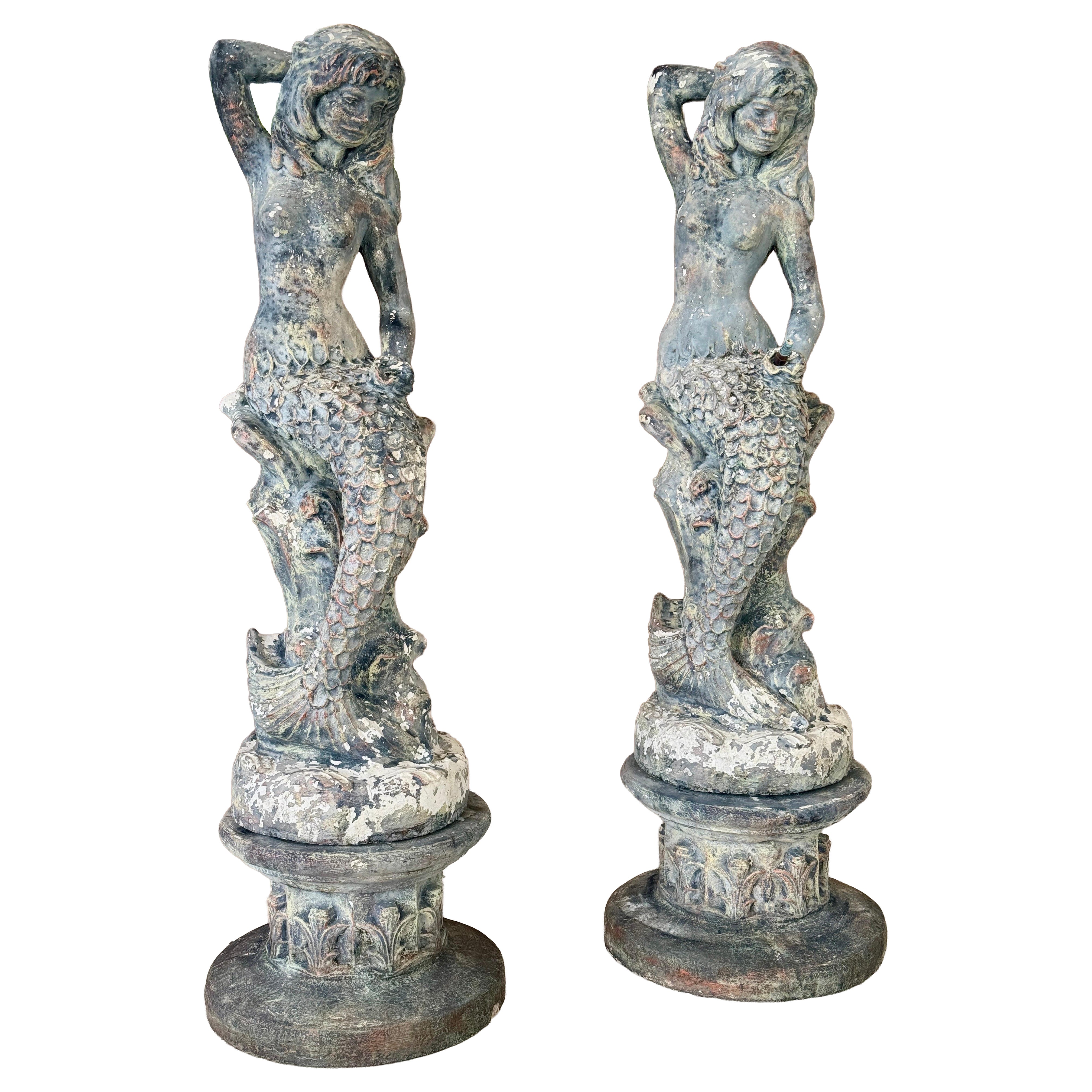 Pair of Mid-20th Century Monumental Cast Concrete Mermaid Fountain Sculptures Wi For Sale