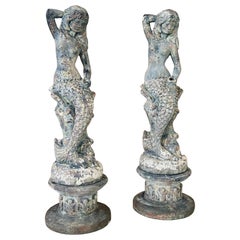 Pair of Mid-20th Century Monumental Cast Concrete Mermaid Fountain Sculptures Wi