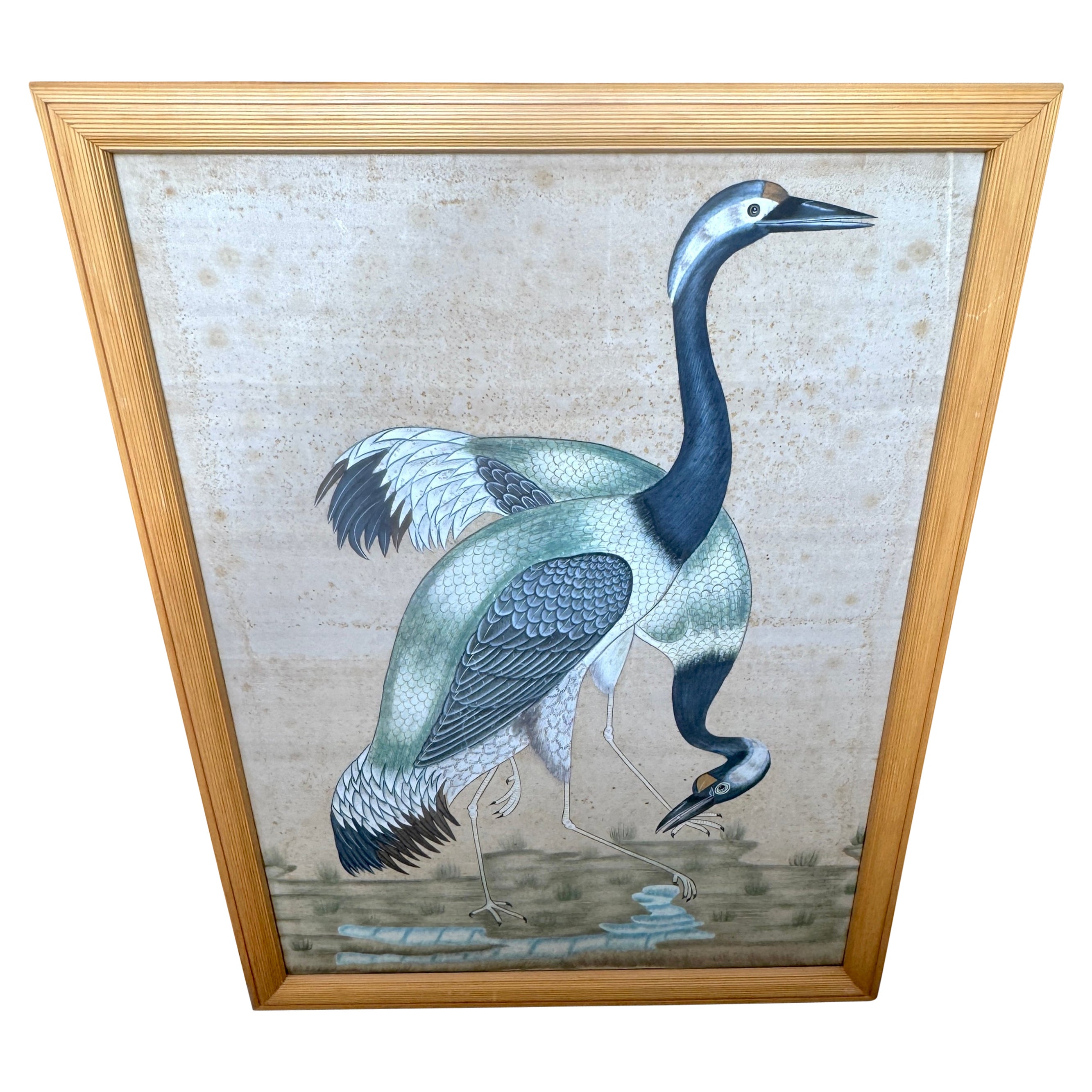 Large Chinese Hand-Painted Silk Scroll of Two Blue Cranes, Mid Century