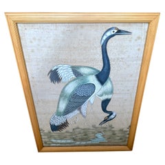 Vintage Large Chinese Hand-Painted Silk Scroll of Two Blue Cranes, Mid Century