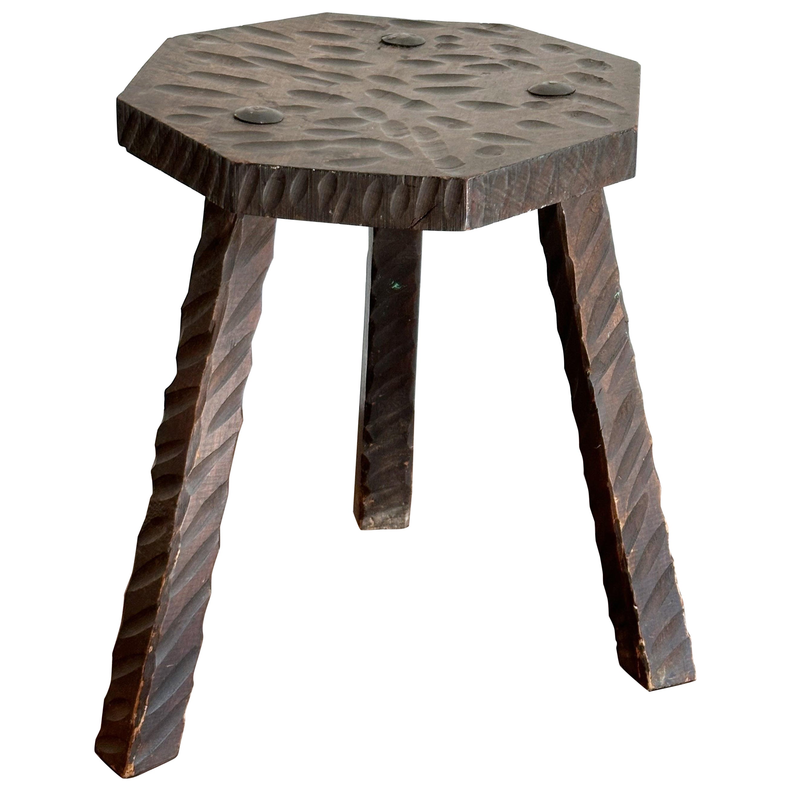 Brutalist Gouge Carved Stool, France, 1960s For Sale