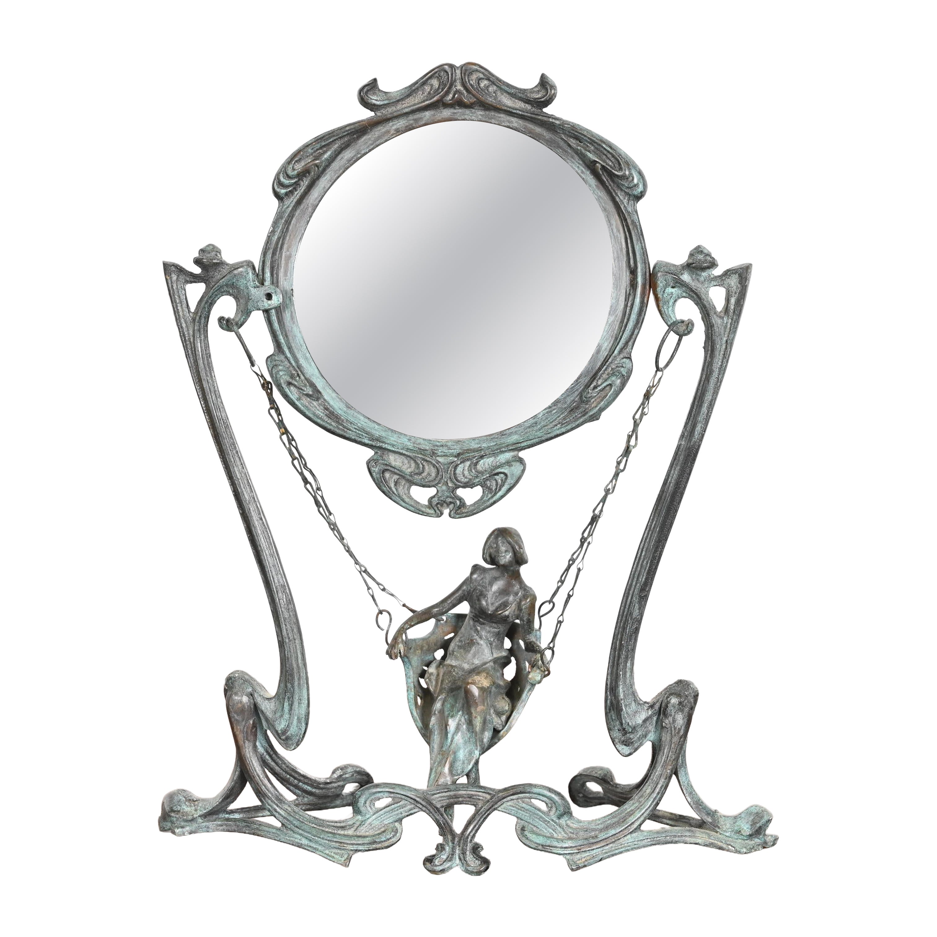 Art Nouveau Bronze Table Vanity Mirror With Lady on Swing, Circa 1910 For Sale